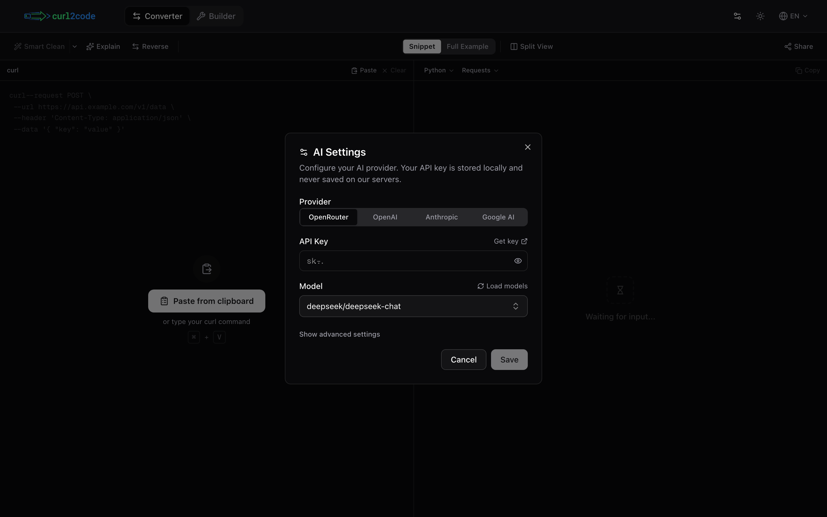 AI по своему ключу: четыре провайдера, ключ хранится только в браузере.