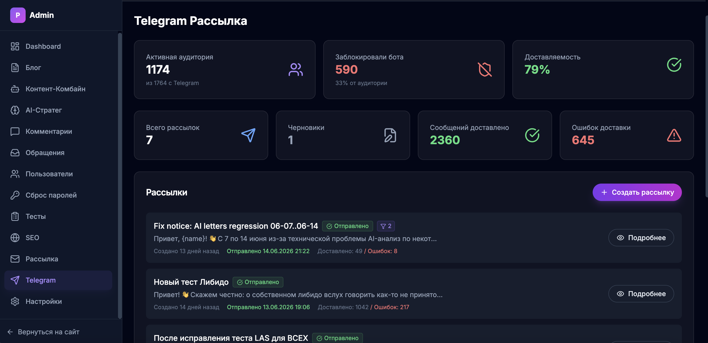 Telegram-рассылки с метриками доставляемости и гибкими настройками фильтров.